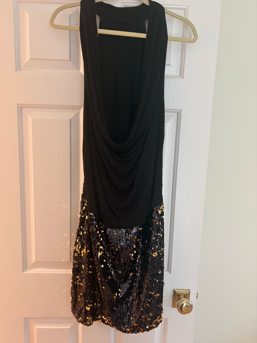 Black Sequin Draped Hem Cocktail Dress